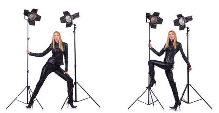 Collage of woman during photo shoot isolated on whiteの写真素材