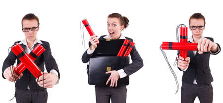Woman businesswoman with dynamite stick isolated on white