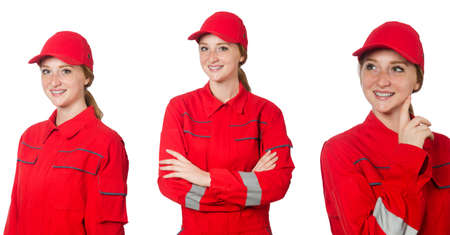 Woman in red overalls isolated on whiteの写真素材