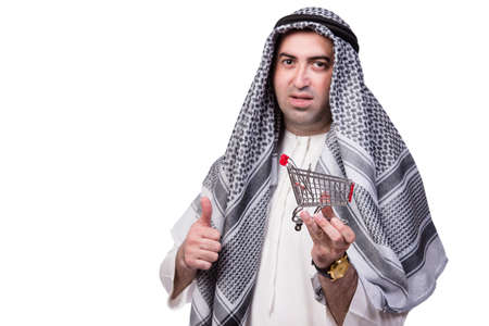 Arab man with shopping cart trolley isolated on whiteの写真素材