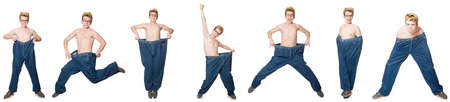 Funny man with trousers isolated on whiteの写真素材