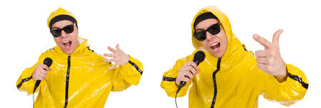 Funny performer with mic isolated on the white
