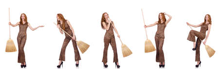 Woman cleaning floor isolated on whiteの写真素材