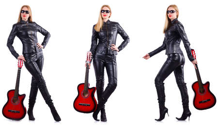 Young woman playing guitar isolated on whiteの写真素材