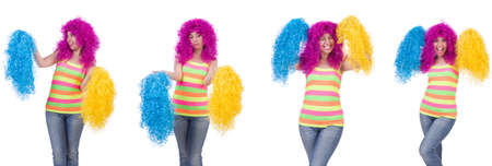 Woman with colourful wig isolated on whiteの写真素材