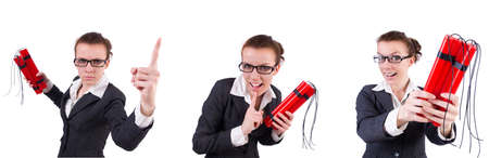 Woman businesswoman with dynamite stick isolated on whiteの写真素材
