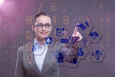 Woman pressing buttons in business conceptの写真素材