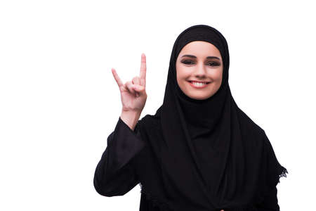 Muslim woman in black dress isolated on whiteの写真素材