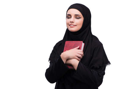 Muslim woman in black dress isolated on white