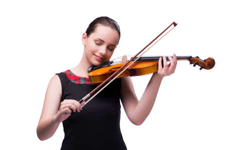 Elegant young violin player isolated on whiteの写真素材
