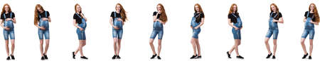 Pregnant woman in composite image isolated on whiteの写真素材