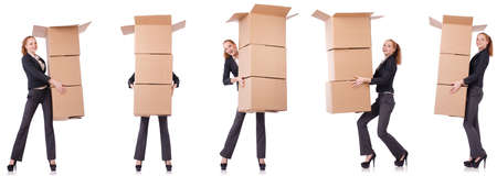 Businesswoman with boxes isolated on whiteの写真素材