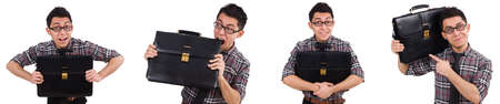 Young employee with briefcase isolated on white