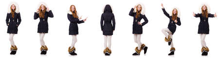 Pretty girl in warm clothes isolated on whiteの写真素材