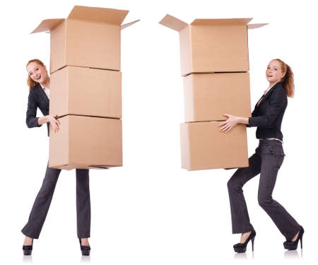 Businesswoman with boxes isolated on whiteの写真素材