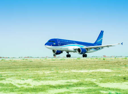 Baku - AUGUST 27, 2016: Airplane taking off on August 27 in Baku, Azerbaijan. Heydar Aliyev airport is the largest in Azerbaijanのeditorial素材