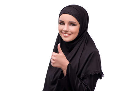 Muslim woman in black dress isolated on whiteの写真素材