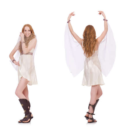 Pretty lady in light charming dress isolated on whiteの写真素材