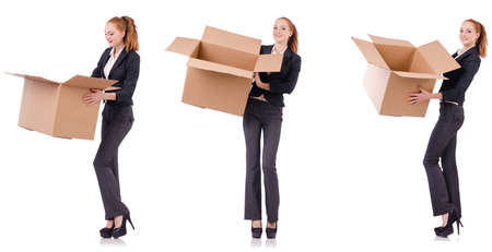 Businesswoman with boxes isolated on whiteの写真素材