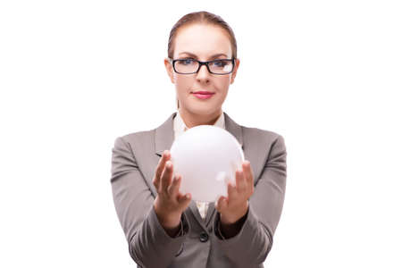 Woman holding crystall ball isolated on whiteの写真素材