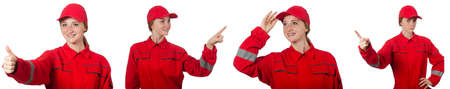Woman in red overalls isolated on white