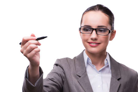 Businesswoman pressing virtual button in business conceptの写真素材