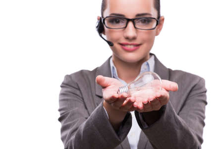 Call center operator with light bulb isolated on whiteの写真素材