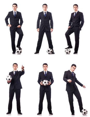 Young businessman with football on whiteの写真素材