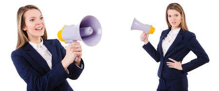 Businesswoman with loudspeaker isolated on whiteの写真素材