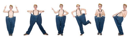 Funny man with trousers isolated on whiteの写真素材