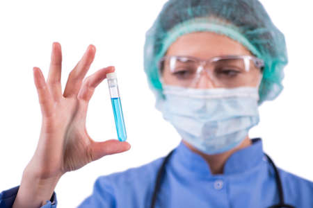 Doctor with tube in lab isolated on white