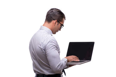 Handsome businessman working with laptop computer isolated on whiteの写真素材
