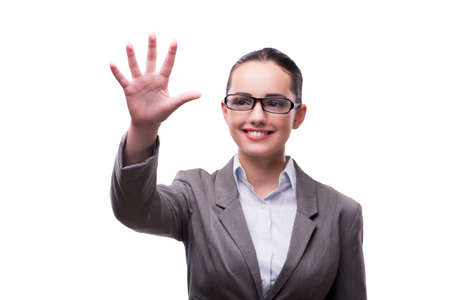 Businesswoman holding hands isolated on whiteの写真素材