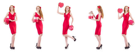 Red dress woman holding gift box isolated on whiteの写真素材