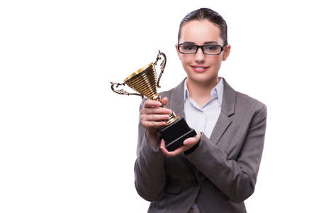 Businesswoman with cup trophy isolated on whiteの写真素材
