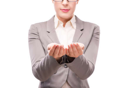 Strict serious businesswoman isolated on whiteの写真素材