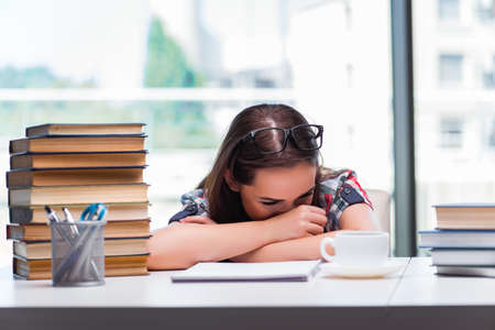 Young woman student with many books