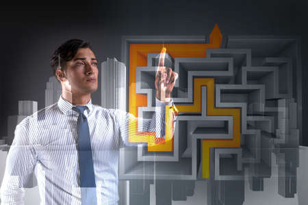 Businessman with maze in difficult situations conceptの写真素材