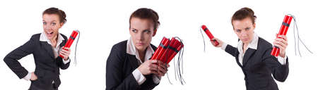 Woman businesswoman with dynamite stick isolated on white