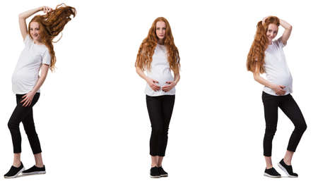 Pregnant woman in composite image isolated on whiteの写真素材