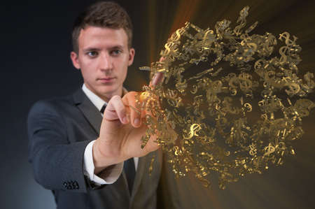 Man pressing virtual button with dollars
