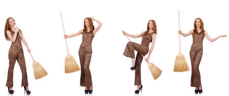 Woman cleaning floor isolated on whiteの写真素材