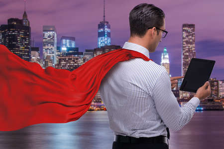 Man in red cover protecting cityの写真素材