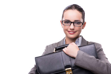 Businesswoman with briefcase isolated on whiteの写真素材