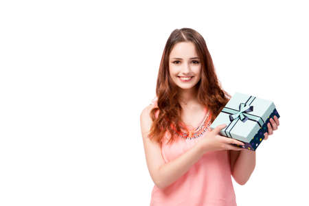 Young woman with giftbox isolated on whiteの写真素材