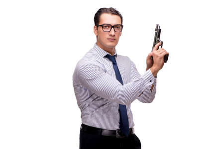 Young businessman with gun isolated on whiteの写真素材