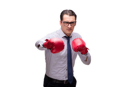 Aggressive businessman with boxing gloves isolated on whiteの写真素材