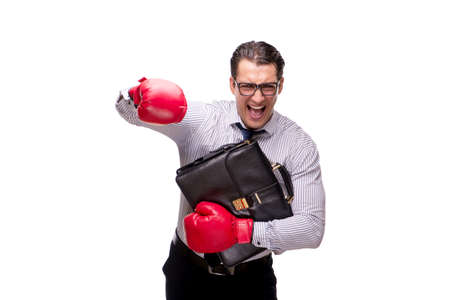 Aggressive businessman with boxing gloves isolated on white