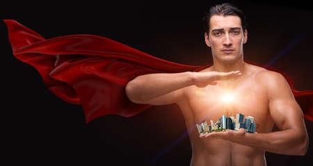 Man in red cover protecting cityの写真素材