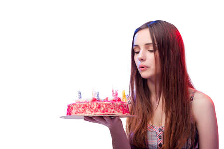 Young woman girl with cake isolated on whiteの写真素材